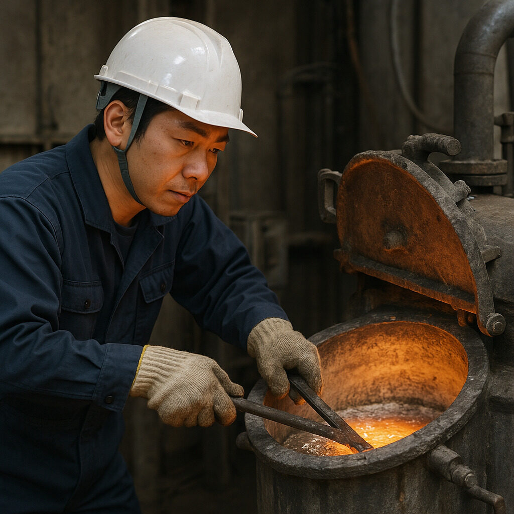 鉛溶解釜のメンテナンス作業をしている男性