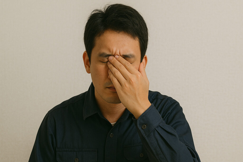 目を押さえてる男性
