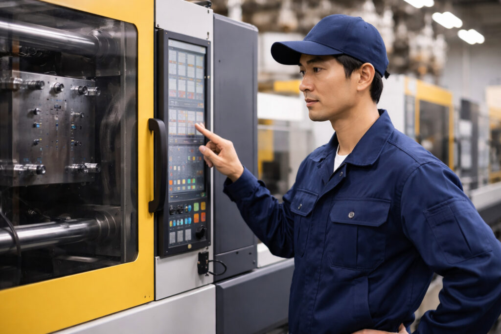プラスチックを成型する機械の操作をする男性
