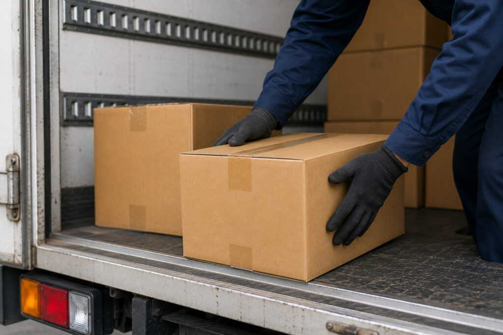 トラックの荷台に乗って作業をしている様子