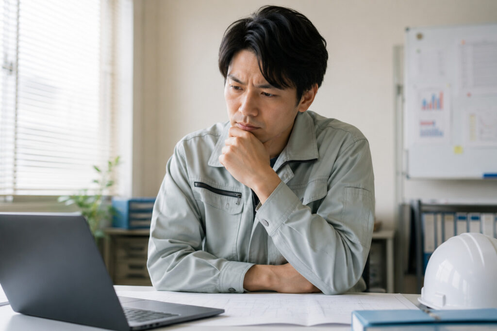考え事をしている作業着を着た男性