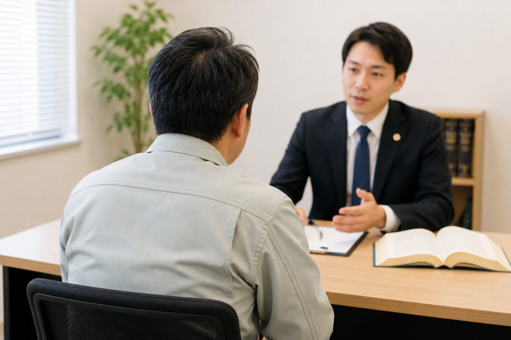 弁護士に相談している作業着姿の男性の後ろ姿