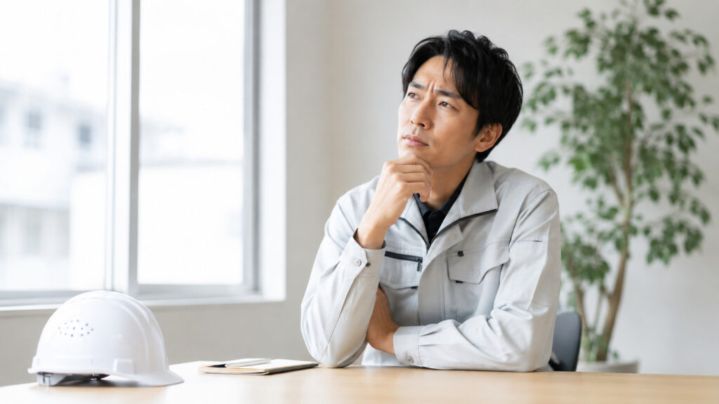 考え事をしている作業着を着た男性