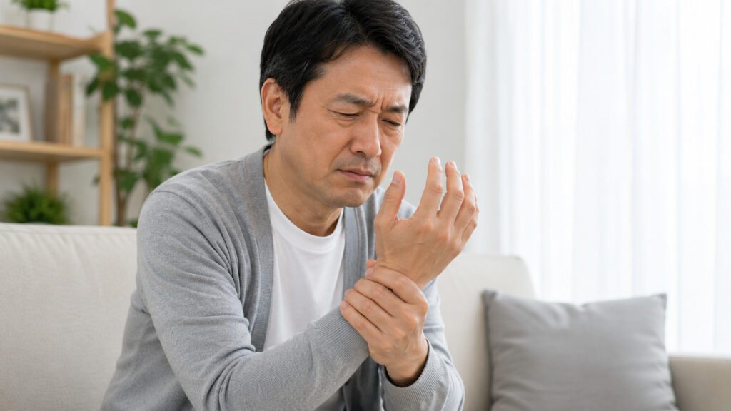 手首を押さえてる男性