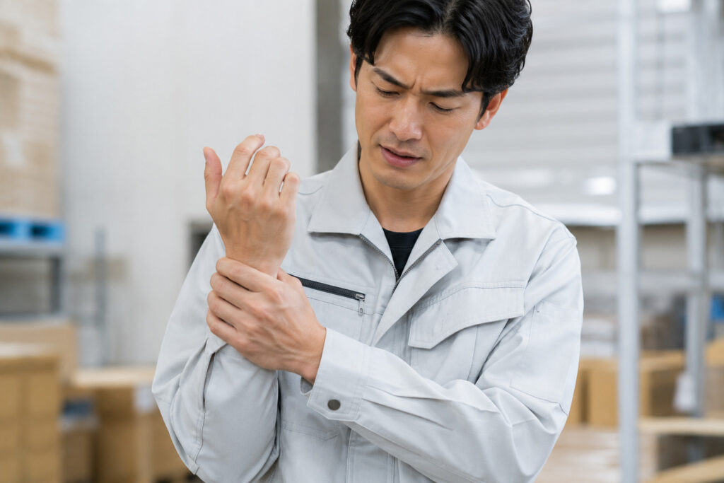 手首を押さえてる作業着を着た男性