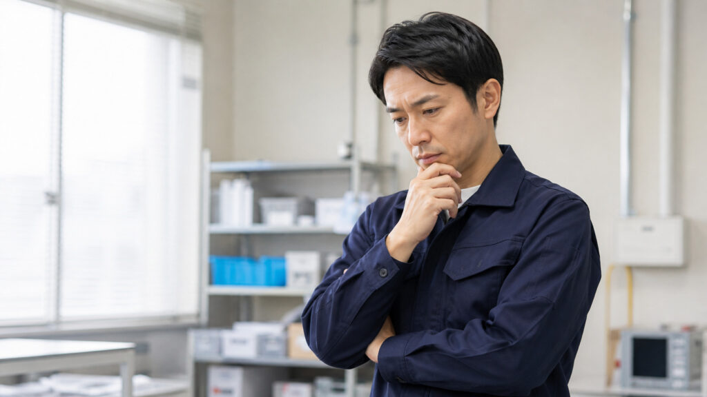 作業着を着て考え事をしている男性