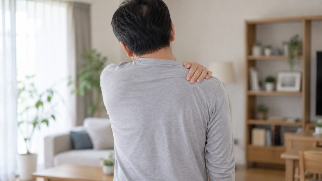 肩を抑えてる男性の後ろ姿